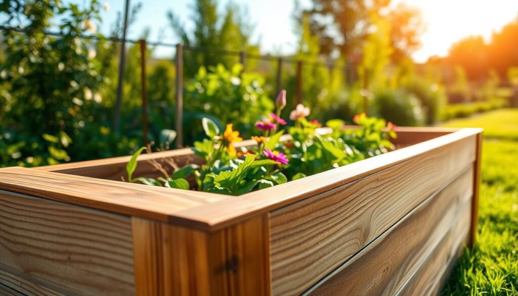 A beautifully constructed raised garden bed featuring a prominent top lip for added seating and a polished finish. In the foreground, the top lip is crafted from smooth, weathered wood, showcasing rich textures and natural wood grain. The middle includes healthy, vibrant green plants thriving inside the raised bed, with a variety of colorful flowers peeking through the soil. In the background, a sunlit garden scene unfolds, with soft-focus greenery and a clear blue sky, casting gentle shadows. The lighting is warm and inviting, reminiscent of late afternoon sun, creating a serene and inviting atmosphere. The angle captures the raised bed slightly from above, emphasizing the craftsmanship of the top lip while highlighting the lush garden.