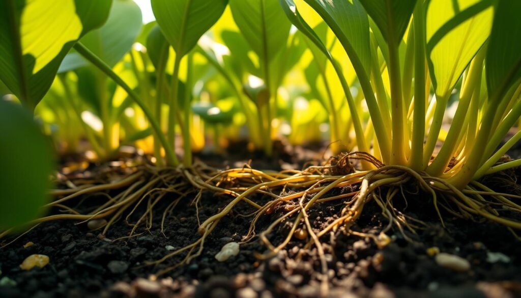 A close-up of healthy plant roots nestled in rich, dark soil, showcasing a vibrant network of roots spreading outwards, intertwining with small pebbles for excellent drainage. In the background, lush green leaves of various plants thrive, characterized by vibrant shades of green reflecting a healthy garden environment. The scene is illuminated by warm sunlight filtering through the leaves, casting gentle shadows that create a sense of depth. Focus on capturing the texture of the soil and roots with a shallow depth of field, using a macro lens perspective that emphasizes the intricate details of the roots. The overall mood is nurturing and optimistic, symbolizing the foundation for abundant growth in a garden.