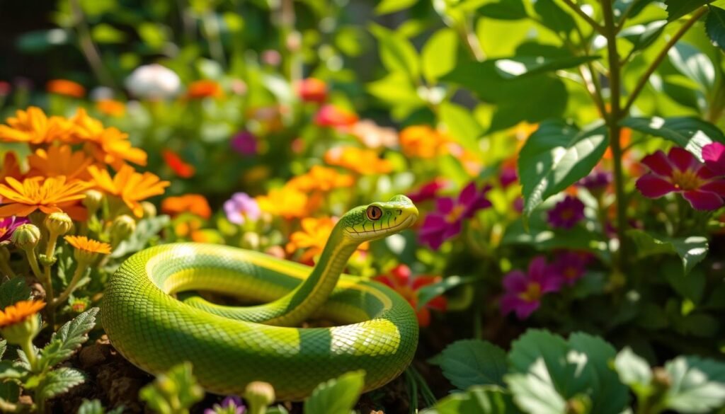 A close-up view of a vivid green garter snake coiled among vibrant garden plants, showcasing its distinctive yellow stripes along its back. The snake should be positioned in the foreground, capturing its intricate scales and bright, alert eyes, while in the middle ground, colorful flowers and lush green foliage create a rich and inviting atmosphere. In the background, soft sunlight filters through leaves, casting gentle dappled shadows to enhance the organic garden setting. This scene embodies tranquility and nature's balance, emphasizing the beauty of the garter snake as a silent protector of the garden ecosystem. The lighting is warm and natural, evoking a serene and peaceful mood, perfect for highlighting the garter snake’s quiet presence.