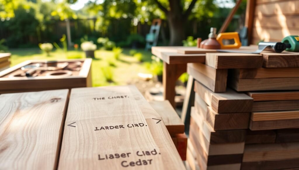 A close-up view of high-quality cedar boards, showcasing their rich, warm hues and distinctive grain patterns. In the foreground, display freshly cut cedar planks stacked neatly, their smooth textures reflecting subtle light. In the middle ground, include a rustic wooden workbench with tools like a measuring tape and a saw, enhancing the sense of craftsmanship. The background features a serene garden setting with lush greenery and soft sunlight filtering through trees, creating a tranquil atmosphere. Use soft, natural lighting to highlight the cedar's beauty and durability. Capture the scene from a slightly elevated angle, giving depth and inviting the viewer into the process of building raised garden beds.