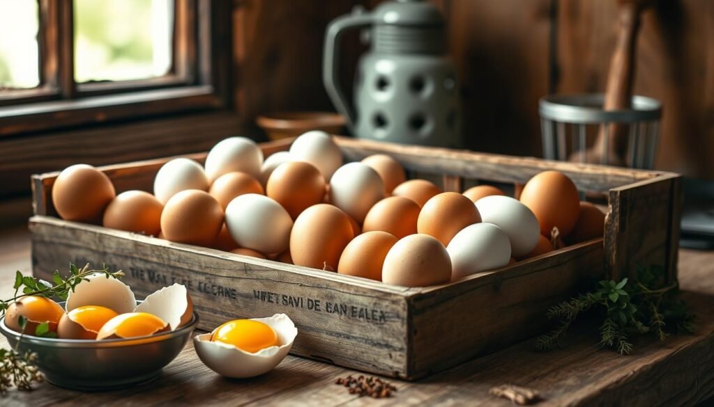 A rustic kitchen scene featuring an assortment of farm-fresh eggs neatly arranged in a vintage wooden crate. In the foreground, the crate is partially open, revealing a variety of egg colors: brown, white, and speckled. On one side, a small bowl of cracked eggs highlights their rich, golden yolks, emphasizing freshness. The middle ground includes a wooden countertop with a few herbs and spices, suggesting various preservation techniques like freezing. In the background, soft natural light filters through a nearby window, creating a warm and inviting atmosphere, while an antique egg beater rests against the wall. The overall mood is cozy and homely, showcasing the beauty and practicality of preserving farm-fresh eggs for longer shelf life. A rustic kitchen scene featuring an assortment of farm-fresh eggs neatly arranged in a vintage wooden crate. In the foreground, the crate is partially open, revealing a variety of egg colors: brown, white, and speckled. On one side, a small bowl of cracked eggs highlights their rich, golden yolks, emphasizing freshness. The middle ground includes a wooden countertop with a few herbs and spices, suggesting various preservation techniques like freezing. In the background, soft natural light filters through a nearby window, creating a warm and inviting atmosphere, while an antique egg beater rests against the wall. The overall mood is cozy and homely, showcasing the beauty and practicality of preserving farm-fresh eggs for longer shelf life.
