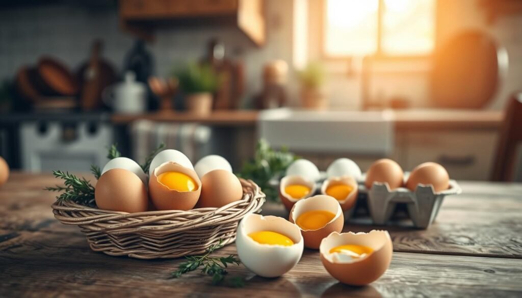 A rustic wooden table in the foreground displays fresh farm eggs in various shades of brown and white, nestled in a simple woven basket. A few eggs are cracked open, revealing vibrant yellow yolks, hinting at their freshness. In the middle ground, a gentle sunlight streams in through a nearby window, casting soft shadows and illuminating the eggs with a warm, inviting glow. Fresh herbs and a simple egg carton are subtly arranged beside the basket, adding a touch of greenery. In the background, a blurred farmhouse kitchen with vintage elements creates a cozy, homely atmosphere. The overall mood is warm and nostalgic, emphasizing the farm-to-table concept and the premium quality of fresh eggs. The composition has a soft focus, evoking a sense of warmth and homeliness. A rustic wooden table in the foreground displays fresh farm eggs in various shades of brown and white, nestled in a simple woven basket. A few eggs are cracked open, revealing vibrant yellow yolks, hinting at their freshness. In the middle ground, a gentle sunlight streams in through a nearby window, casting soft shadows and illuminating the eggs with a warm, inviting glow. Fresh herbs and a simple egg carton are subtly arranged beside the basket, adding a touch of greenery. In the background, a blurred farmhouse kitchen with vintage elements creates a cozy, homely atmosphere. The overall mood is warm and nostalgic, emphasizing the farm-to-table concept and the premium quality of fresh eggs. The composition has a soft focus, evoking a sense of warmth and homeliness.