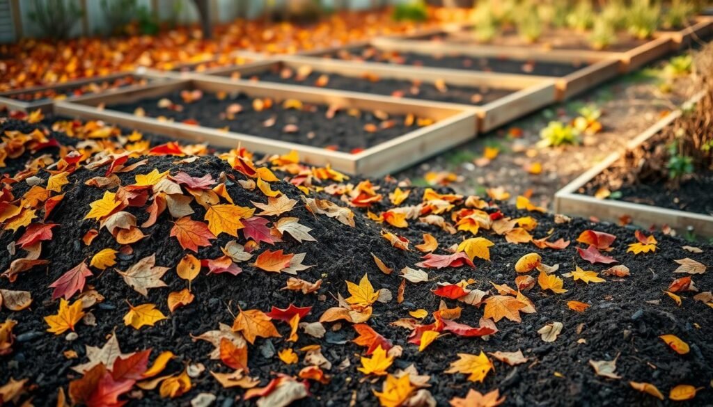 A serene garden scene depicting rich soil beds blanketed with compost mulch and colorful autumn leaves. In the foreground, vibrant piles of multi-colored leaves, ranging from deep reds to golden yellows, intermingle with dark, nutrient-rich compost, showcasing a nourishing layer for winter protection. The middle ground reveals garden beds divided by rustic wooden borders, filled with neatly arranged soil, ready for winter. In the background, a soft-focus view of dormant plants hints at the upcoming spring blooming. The lighting is warm and gentle, suggesting a late afternoon sun, casting soft shadows to evoke a peaceful, nurturing atmosphere. The angle is slightly elevated to capture the layering effect, emphasizing the preparation for a strong garden revival in spring. A serene garden scene depicting rich soil beds blanketed with compost mulch and colorful autumn leaves. In the foreground, vibrant piles of multi-colored leaves, ranging from deep reds to golden yellows, intermingle with dark, nutrient-rich compost, showcasing a nourishing layer for winter protection. The middle ground reveals garden beds divided by rustic wooden borders, filled with neatly arranged soil, ready for winter. In the background, a soft-focus view of dormant plants hints at the upcoming spring blooming. The lighting is warm and gentle, suggesting a late afternoon sun, casting soft shadows to evoke a peaceful, nurturing atmosphere. The angle is slightly elevated to capture the layering effect, emphasizing the preparation for a strong garden revival in spring.