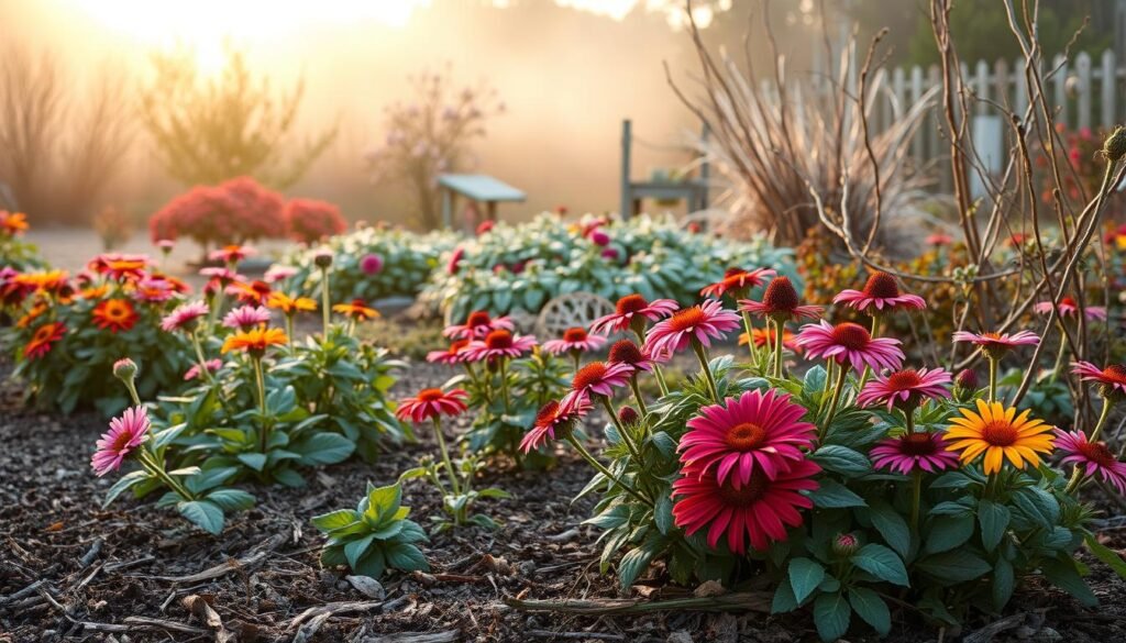 A serene garden scene in late autumn featuring vibrant perennials like asters and echinacea, their colorful blooms still resilient against the chill. In the foreground, freshly mulched soil surrounds the plants, hinting at meticulous winterization efforts. The middle ground includes berry patches with frosted leaves, showcasing clusters of red and blackberries, and neatly pruned rose bushes, their bare stems standing strong. In the background, a soft, golden sunrise filters through gentle wisps of mist, casting a warm light over the garden. The atmosphere is tranquil and reflective, embodying the beauty of seasonal transitions. Utilize a shallow depth of field to emphasize the blooms, with a soft focus on the background, creating a feeling of depth and warmth. A serene garden scene in late autumn featuring vibrant perennials like asters and echinacea, their colorful blooms still resilient against the chill. In the foreground, freshly mulched soil surrounds the plants, hinting at meticulous winterization efforts. The middle ground includes berry patches with frosted leaves, showcasing clusters of red and blackberries, and neatly pruned rose bushes, their bare stems standing strong. In the background, a soft, golden sunrise filters through gentle wisps of mist, casting a warm light over the garden. The atmosphere is tranquil and reflective, embodying the beauty of seasonal transitions. Utilize a shallow depth of field to emphasize the blooms, with a soft focus on the background, creating a feeling of depth and warmth.