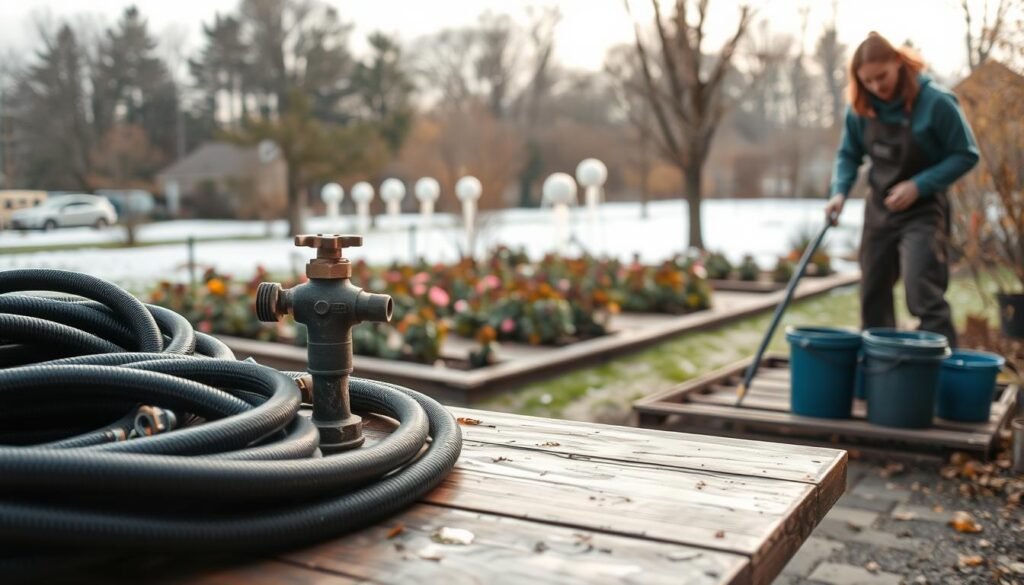 A serene garden scene in late fall, showcasing the process of winterizing watering systems. In the foreground, a neatly organized array of garden hoses and sprinklers is laid out on a wooden workbench, with a garden spigot in focus. Nearby, a person dressed in modest work attire carefully drains water from a hose, capturing the essence of maintenance. The middle ground reveals flower beds with wilted plants, signaling the change in seasons, alongside buckets ready for storing. In the background, trees are almost bare, set against a soft, overcast sky, creating a calm atmosphere. Natural light diffuses across the scene, emphasizing the tranquil preparation for winter, with hints of warmth amid the approaching cold. A serene garden scene in late fall, showcasing the process of winterizing watering systems. In the foreground, a neatly organized array of garden hoses and sprinklers is laid out on a wooden workbench, with a garden spigot in focus. Nearby, a person dressed in modest work attire carefully drains water from a hose, capturing the essence of maintenance. The middle ground reveals flower beds with wilted plants, signaling the change in seasons, alongside buckets ready for storing. In the background, trees are almost bare, set against a soft, overcast sky, creating a calm atmosphere. Natural light diffuses across the scene, emphasizing the tranquil preparation for winter, with hints of warmth amid the approaching cold.