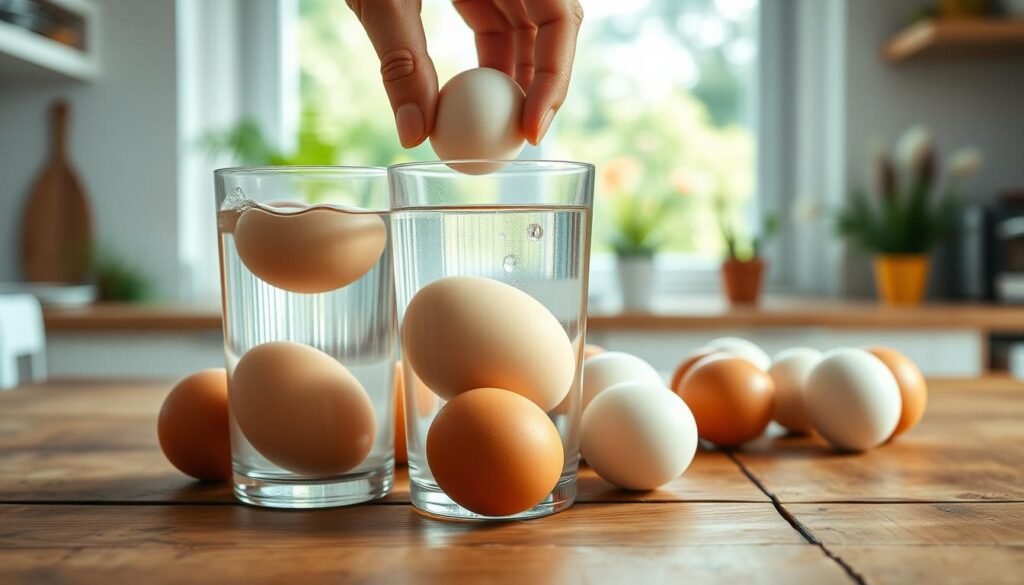 A serene kitchen scene with a focus on a glass of water filled with fresh farm eggs, showcasing a float test. In the foreground, a hand gently places an egg into the water, causing small ripples. The eggs should vary in color, including brown and white, emphasizing their freshness. In the middle ground, a rustic wooden table is adorned with soft lighting that creates a warm, inviting atmosphere, highlighting the eggs’ textures. In the background, a window reveals a sun-drenched garden, suggesting a fresh farm setting. The image should convey a sense of calm and simplicity, with a focus on natural colors and soft shadows, adding to the peaceful mood of the scene. A serene kitchen scene with a focus on a glass of water filled with fresh farm eggs, showcasing a float test. In the foreground, a hand gently places an egg into the water, causing small ripples. The eggs should vary in color, including brown and white, emphasizing their freshness. In the middle ground, a rustic wooden table is adorned with soft lighting that creates a warm, inviting atmosphere, highlighting the eggs’ textures. In the background, a window reveals a sun-drenched garden, suggesting a fresh farm setting. The image should convey a sense of calm and simplicity, with a focus on natural colors and soft shadows, adding to the peaceful mood of the scene.