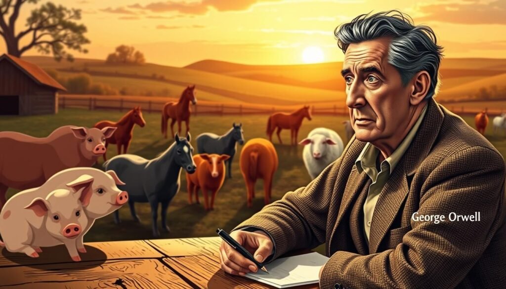 A thoughtful depiction of George Orwell, surrounded by various animals that symbolize key themes from "Animal Farm." In the foreground, show Orwell as a middle-aged man with a contemplative expression, dressed in a classic tweed jacket and a shirt. He is seated at a rustic wooden table with a pen and paper, illustrating his role as a writer. In the middle ground, include stylized representations of pigs, horses, and sheep, each embodying different characters from the novel, arranged in a way that reflects a farm-like setting. The background features a serene rural landscape with a soft, golden sunset, evoking a sense of nostalgia and contemplation. The lighting is warm and inviting, casting gentle shadows that enhance the atmosphere of reflective thought and creative inspiration.