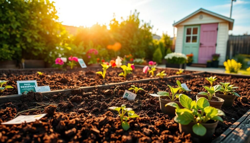 A vibrant and inviting starting garden scene under soft, golden morning light. In the foreground, a wooden garden bed filled with rich, dark soil, where small seed packets are neatly arranged, ready to be planted. Several seedlings, lush and green, are displayed in biodegradable pots, suggesting a choice between starting from seed or nursery plants. The middle ground features a variety of colorful flowers and vegetables sprouting from the soil, indicating growth potential. In the background, a quaint garden shed painted in pastel colors is surrounded by leafy green bushes and a clear blue sky, enhancing a sense of tranquility and optimism. The atmosphere evokes the joy of gardening and new beginnings, with a soft focus effect that softens the scene, lending warmth and approachability. Natural textures and colors dominate the image, creating a welcoming feel.