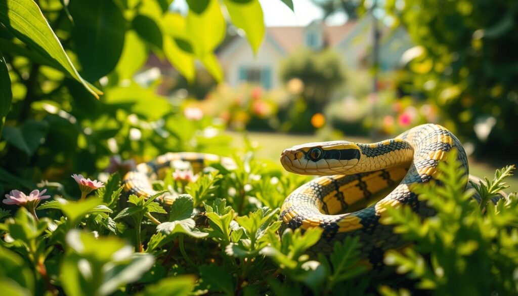 A vibrant close-up of a garter snake coiled elegantly among green garden foliage, showcasing its distinct markings of yellow and black stripes. In the foreground, the snake's scales glimmer softly under dappled sunlight filtering through leaves, highlighting the intricate patterns and textures of its skin. The middle ground features lush garden plants, including small flowers and ferns, creating a natural habitat ambiance. In the background, a blurred view of a sunny suburban garden adds context without distraction. The lighting is warm and natural, capturing a tranquil summer day. The mood is peaceful and inviting, emphasizing the beauty of wildlife in domestic spaces. The composition should evoke a sense of curiosity and appreciation for nature, ideal for educational purposes.
