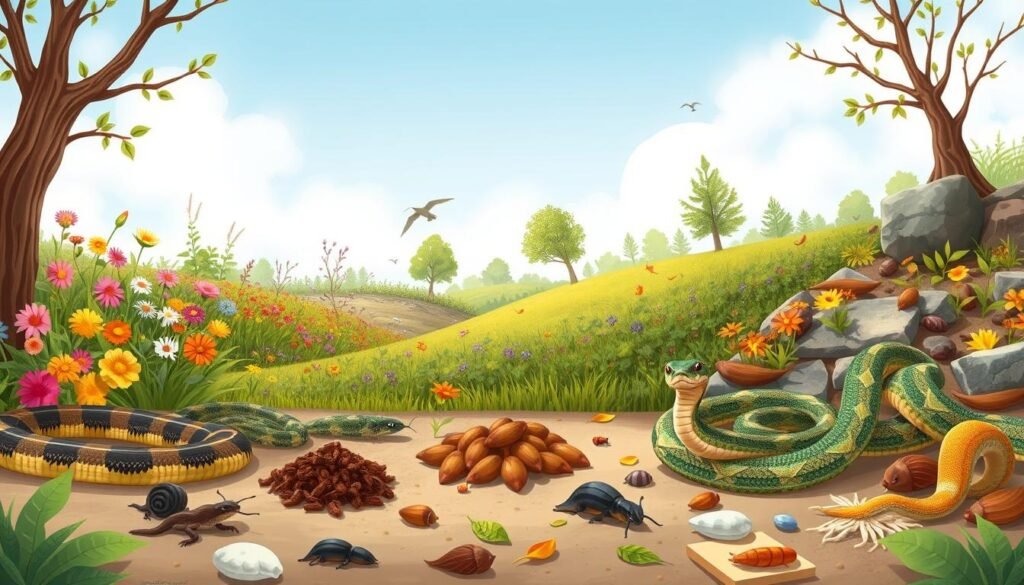 A vibrant illustration depicting a variety of garden snakes in their natural habitats, showcasing their diet. In the foreground, multiple garden snakes, such as the eastern garter snake and the common green snake, are positioned near small piles of insects and slugs, representing their primary food sources. In the middle ground, diverse habitats can be illustrated, including a lush garden with blooming flowers and insects, a woodland area with fallen leaves, and a rocky terrain with small mammals. The background should feature a bright sky with soft, diffused lighting to create a peaceful atmosphere. Use a close-up angle to highlight the snakes and their environment while maintaining a naturalistic feel, emphasizing the harmony between the snakes and their respective habitats.