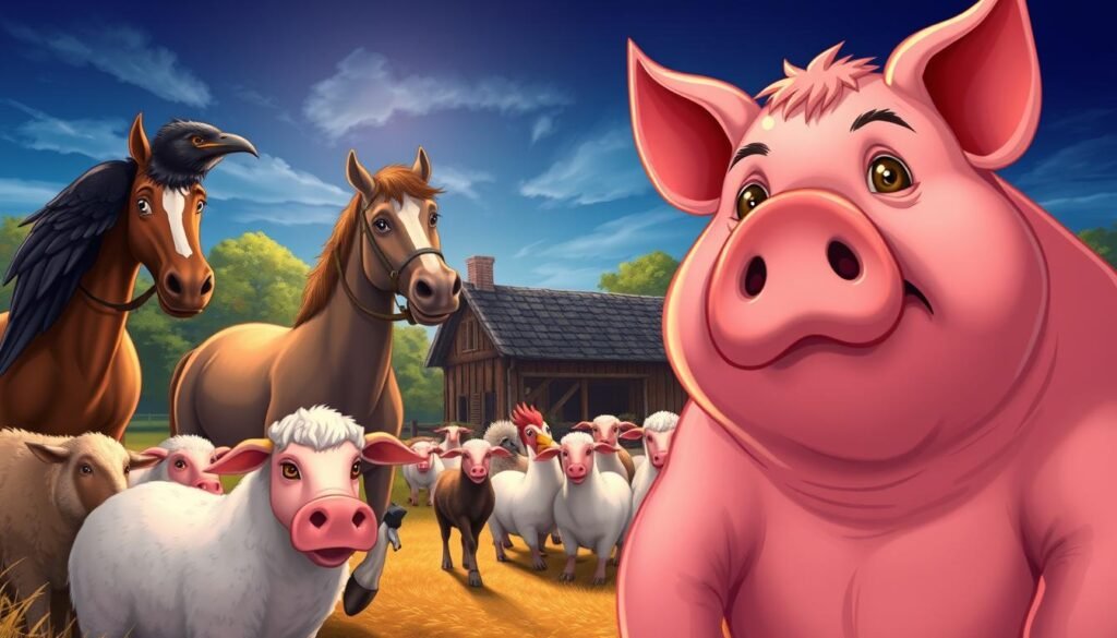 A vivid illustration depicting the main characters from "Animal Farm." In the foreground, feature a commanding pig, symbolizing leadership, with an imposing posture and a wise expression. To its left, a hardworking horse exudes strength and loyalty, while a clever raven perches nearby, casting a sly glance. In the middle ground, a group of diverse farm animals—sheep, chickens, and a cow—gather in a circle, representing unity amidst diversity. The background displays a rustic farmhouse under a deep blue sky, hinting at the pastoral setting of the story. The lighting is warm, with soft sunlight filtering through the trees, creating an inviting atmosphere. The overall mood is contemplative yet animated, capturing the essence of allegory within this iconic narrative.