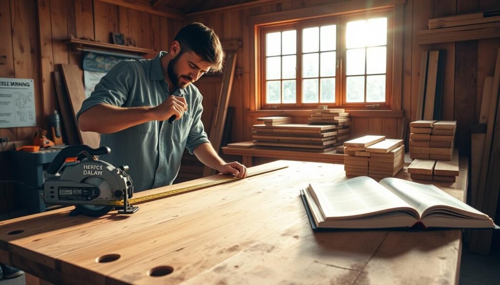 A wooden workshop scene featuring a sturdy workbench with neatly organized tools for cutting boards to length. In the foreground, a carpenter in modest casual clothing carefully measures a piece of lumber using a tape measure, with a circular saw and straight edge nearby. The middle ground displays several cut boards of varying lengths stacked on one side, while the other side shows an open woodworking manual. The background consists of a sunny window casting warm, natural light into the workspace, enhancing the rich textures of the wood and the organized chaos of the workshop. The atmosphere is focused and productive, evoking a sense of craftsmanship and resourcefulness.