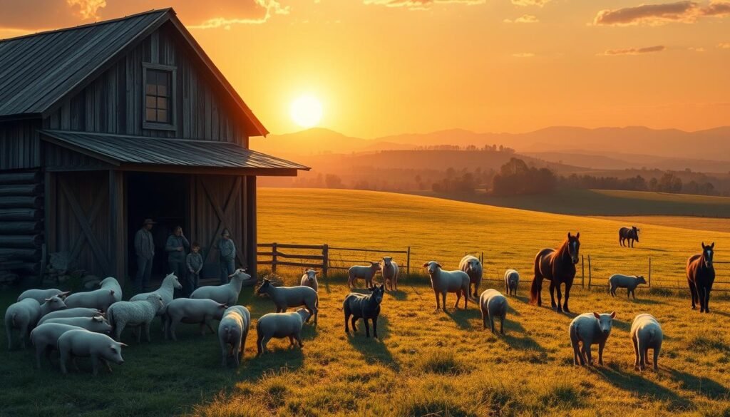 In a rural landscape reflecting the themes of "Animal Farm," depict a vibrant, anthropomorphic farm setting. In the foreground, a diverse group of animals—pigs, sheep, and horses—are gathered around a wooden barn, engaging in activities that symbolize unity and betrayal. The middle ground showcases a lush field under a warm, golden sunset, casting soft rays of light over the scene, creating an inviting yet thought-provoking atmosphere. In the background, a silhouette of rolling hills and distant trees evokes a sense of freedom and change. The mood is both hopeful and somber, capturing the duality of the novel’s themes. Use a wide-angle perspective to encompass the entire scene, emphasizing the contrasts between the animals' idyllic surroundings and the underlying tension of their circumstances.